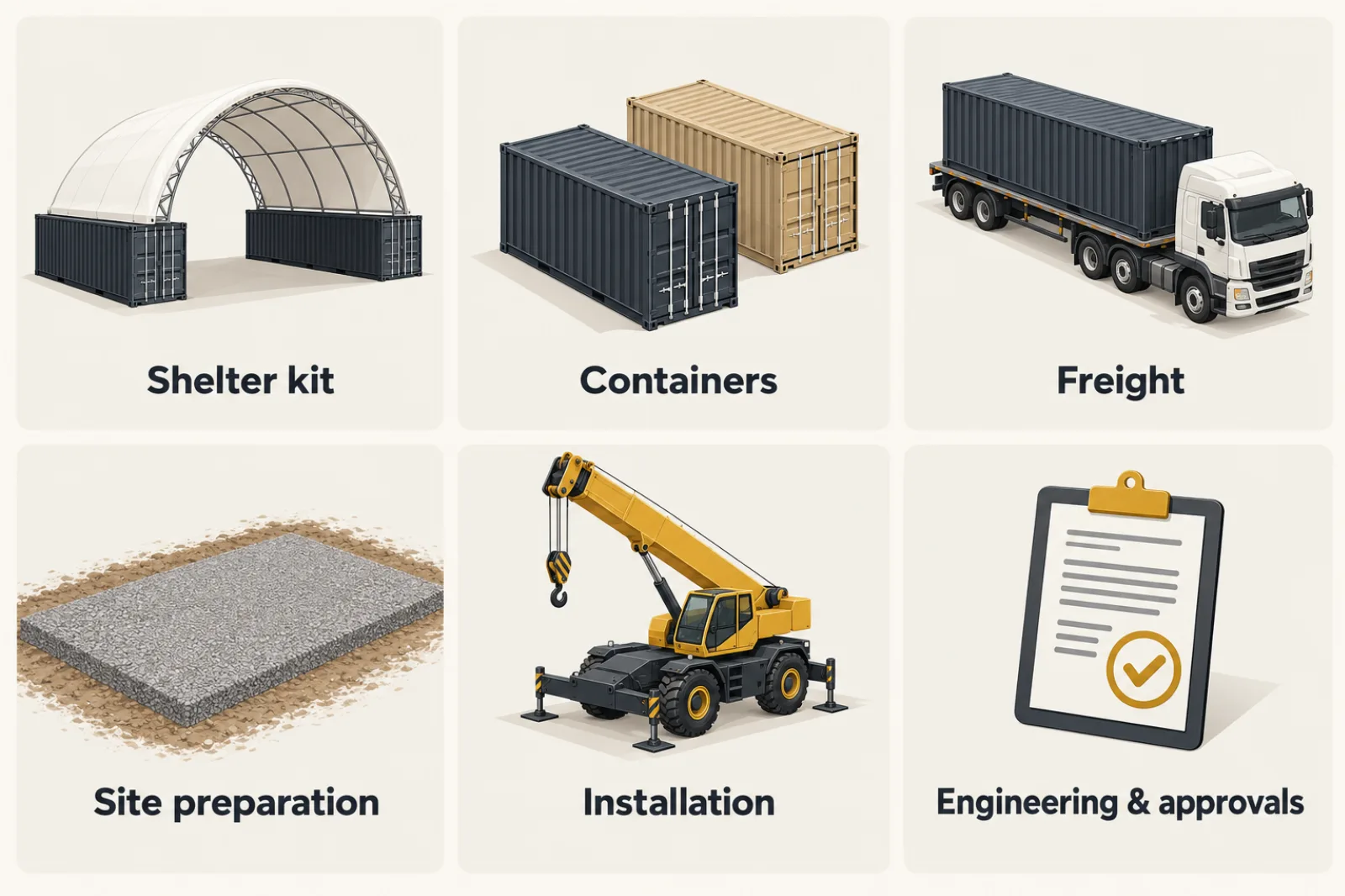 Six illustrated container shelter budget items: kit, containers, freight, site preparation, installation, and engineering and approvals