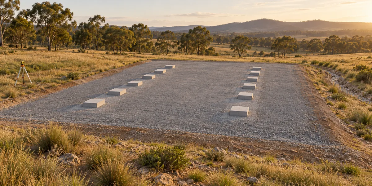 Concept illustration of a prepared gravel site with concrete supports and survey equipment before container placement